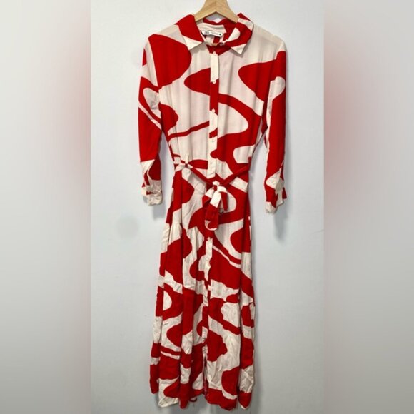 Zara Blogger’s Favourite Red & White Printed Belted Midi Shirt Dress size XL - Picture 7 of 15